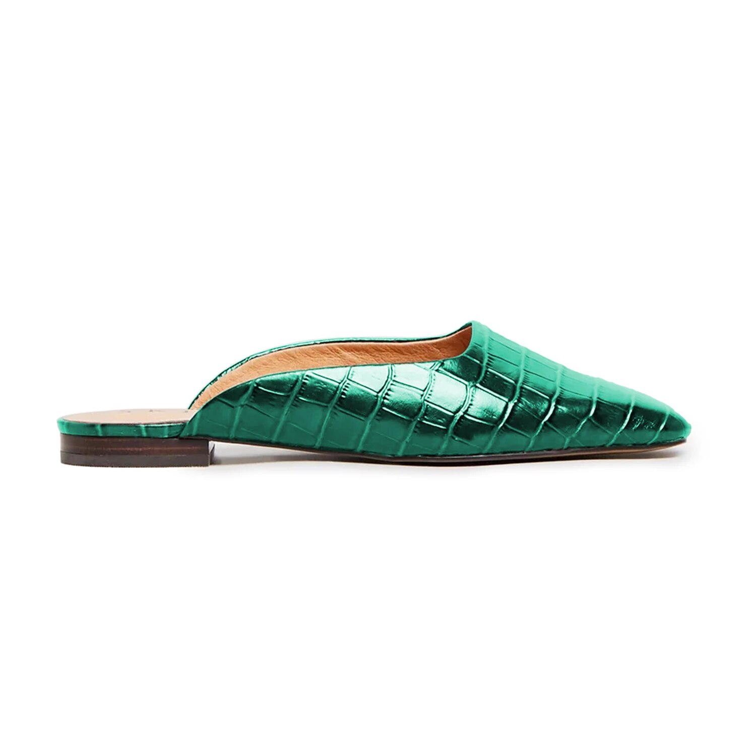 TAAFO Women Closed Square Toe Low Chunky Heel Mules Solid Color Glossy Croc-Embossed Leather Flats Backless Shoes