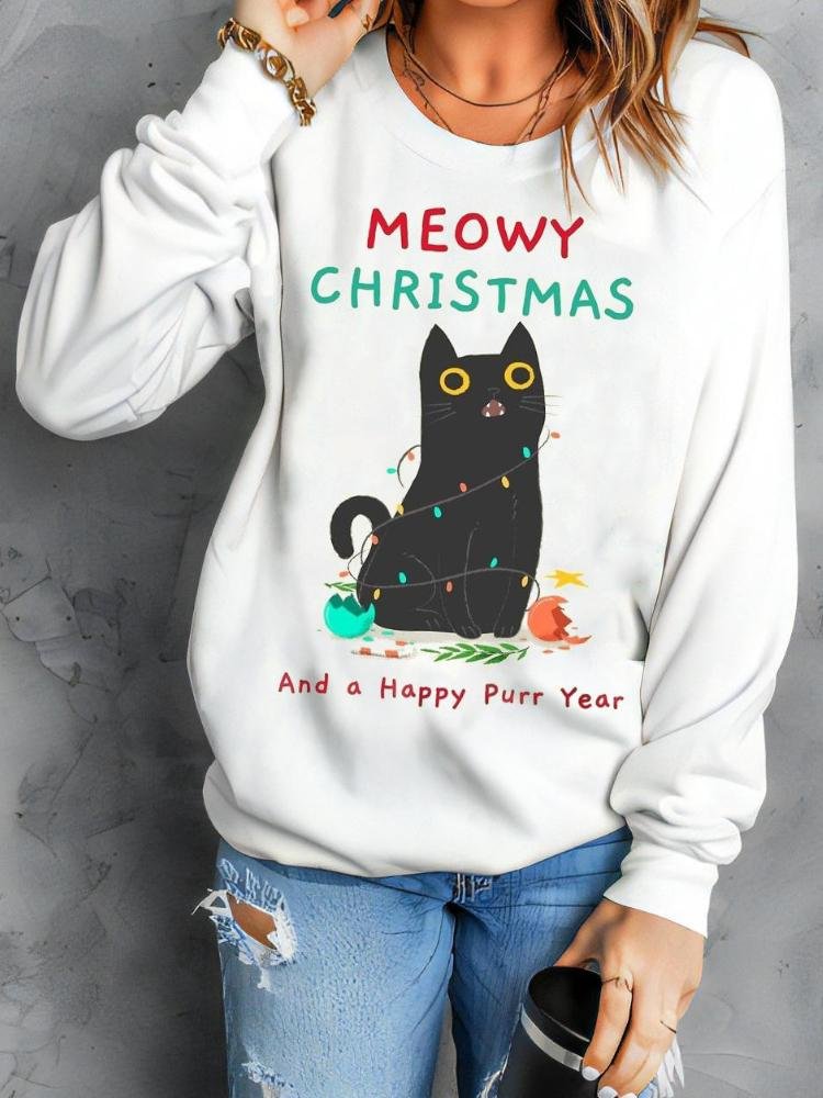 Women's Christmas Cat Printed Long Sleeved Round Neck Sweatshirt