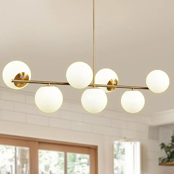 7-Light Modern Brass Linear Chandelier, Adjustable Mid Century Globe Chandelier, Gold Chandelier with Milk White Glass for Living Room, Kitchen Island, Dining Room Light Fixture