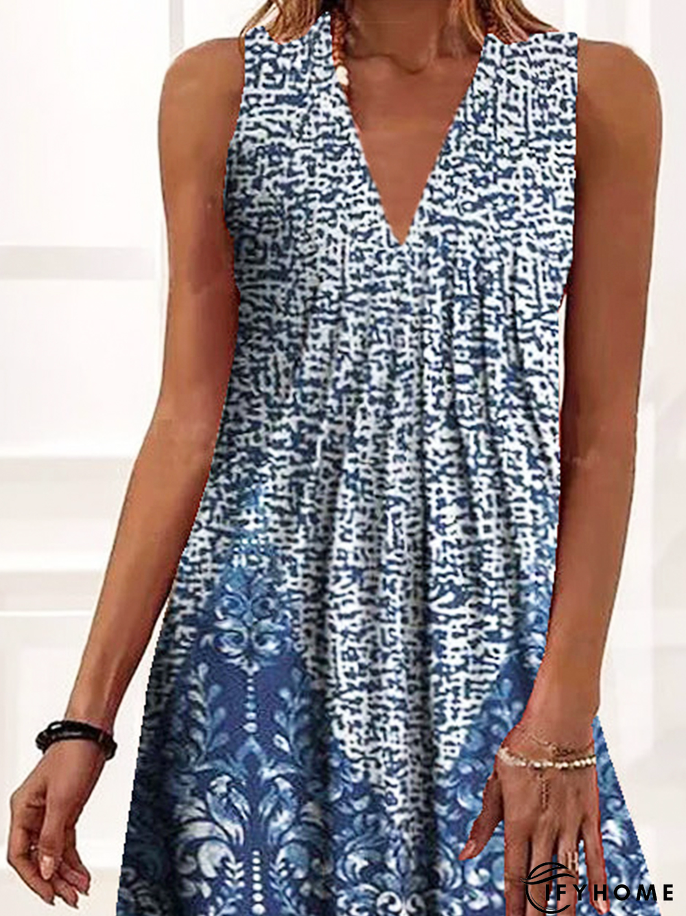 Boho Floral Polka Dots V Neck Botton Blends Blue Midi Vacation Vest Dress | IFYHOME