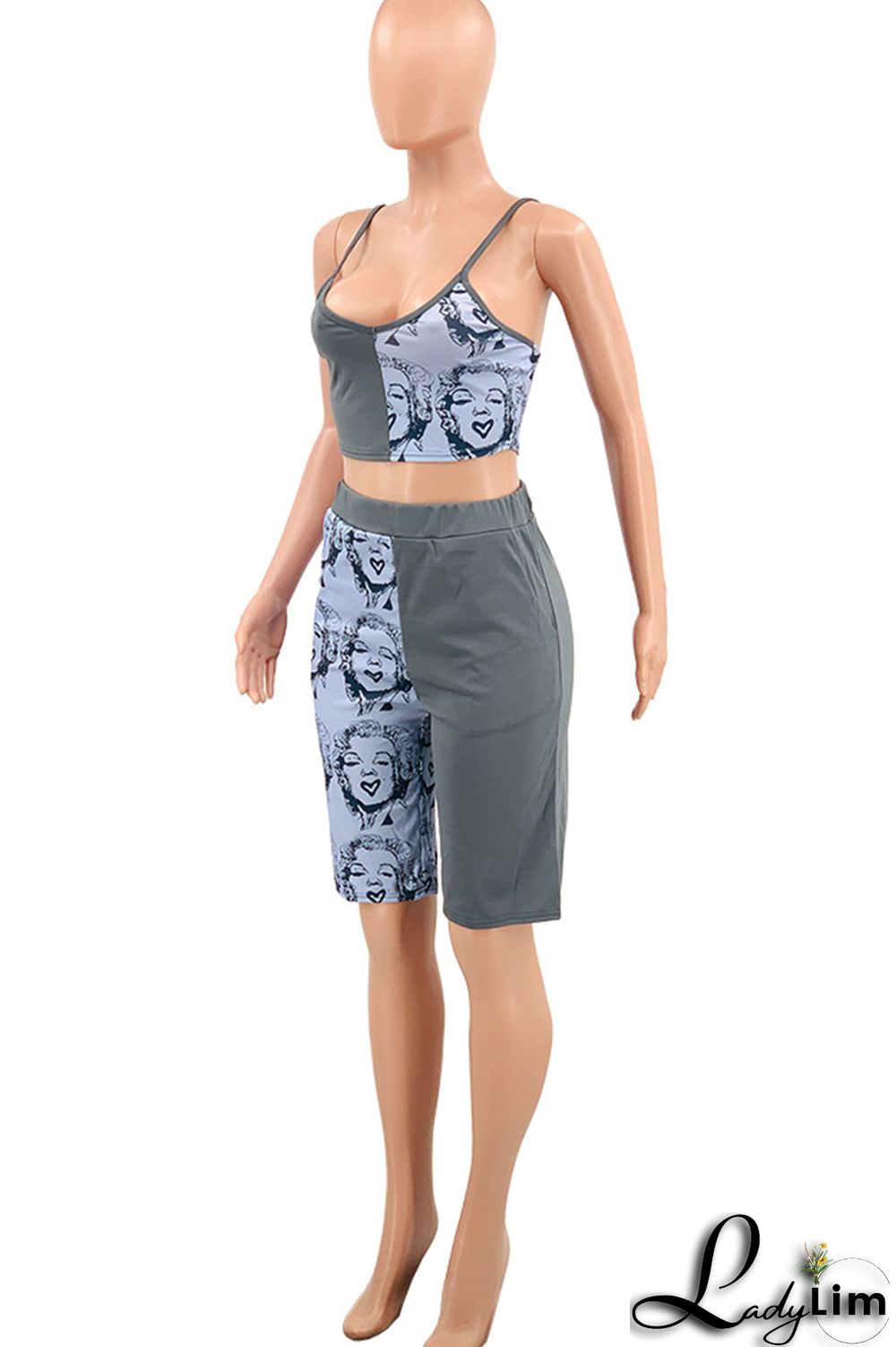 Tangerine Casual Street Print Patchwork Spaghetti Strap Sleeveless Two Pieces