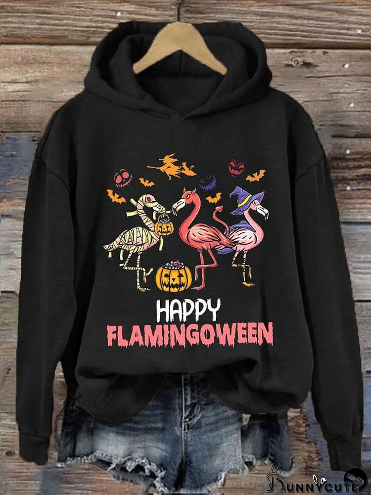 Women's Halloween Happy Flamingoweens Printed Hooded Sweatshirt