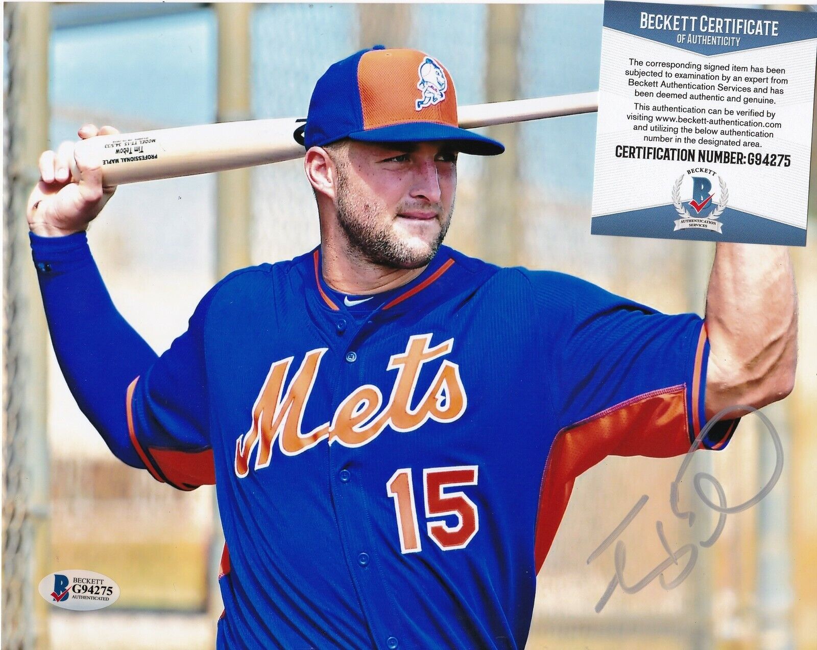 TIM TEBOW NEW YORK METS BECKETT AUTHENTICATED ACTION SIGNED 8x10