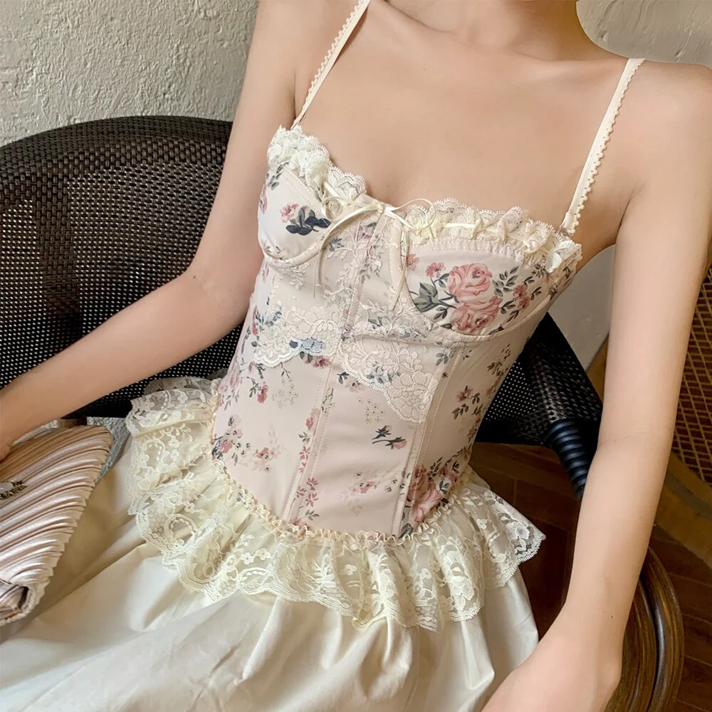 Billionm Lace Ruffles Sexy Corset Top Lace Vintage Bustier Crop Top Floral Summer Party Holiday Sweet Mini Vest Women