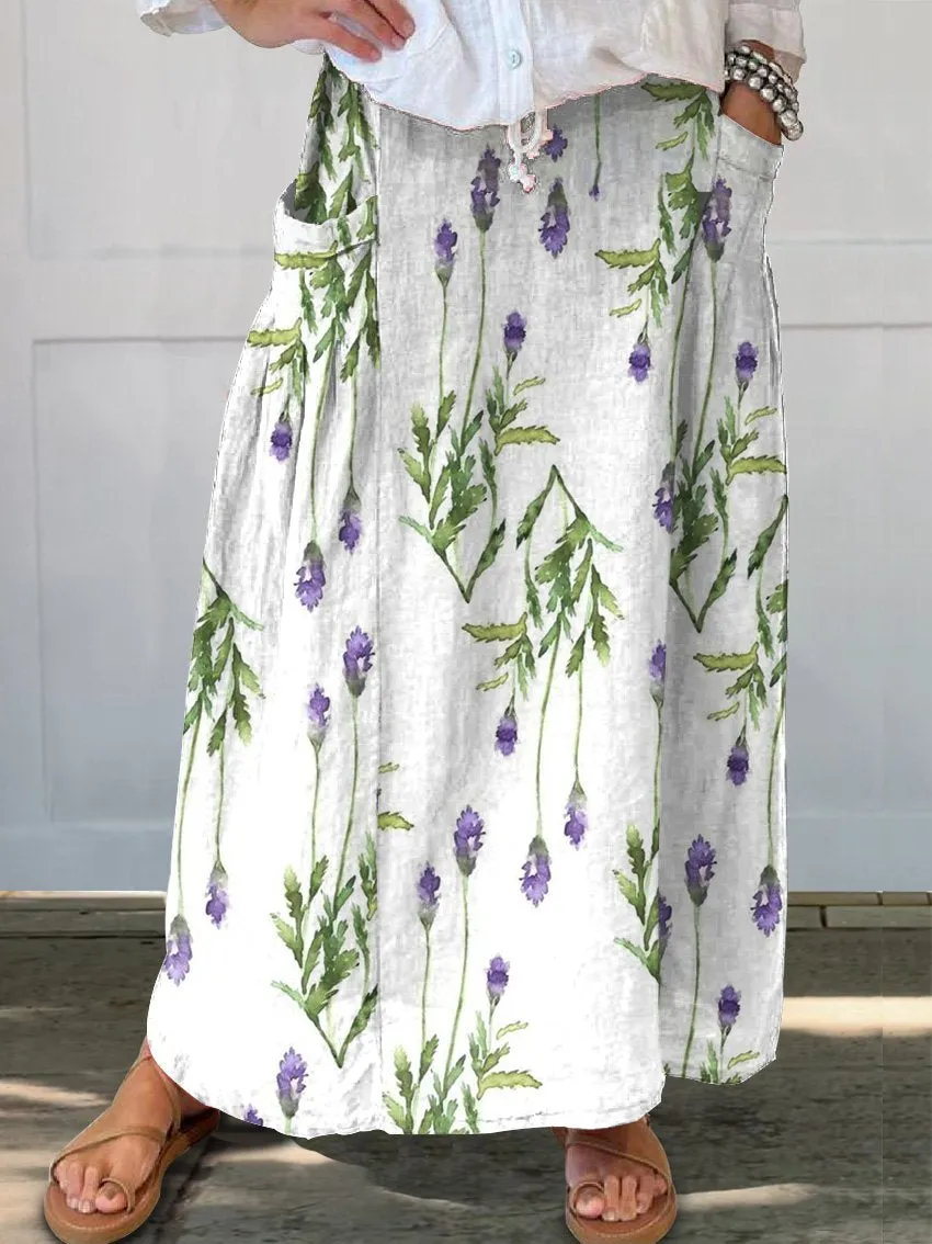 Women's  Floral  Art Print  Linen Pocket Skirt