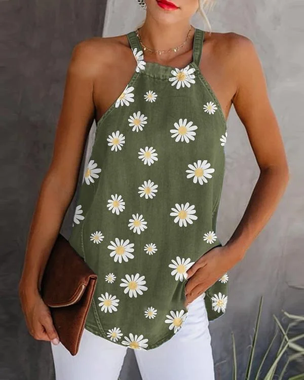 Print Floral Round Neck Sleeveless Casual Tank Tops