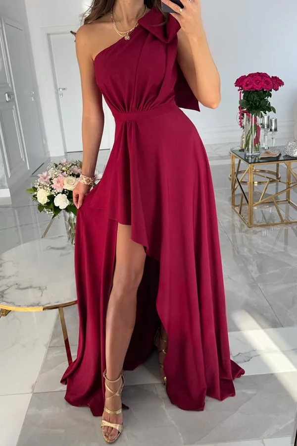 Susana Bowknot One-shoulder Ruffle Side Slit Maxi Dress