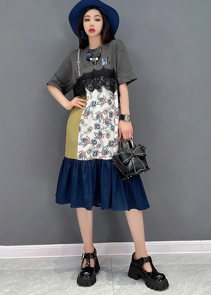 Modern Grey Asymmetrical Patchwork Lace Ruffles Cotton Denim Dresses Short Sleeve