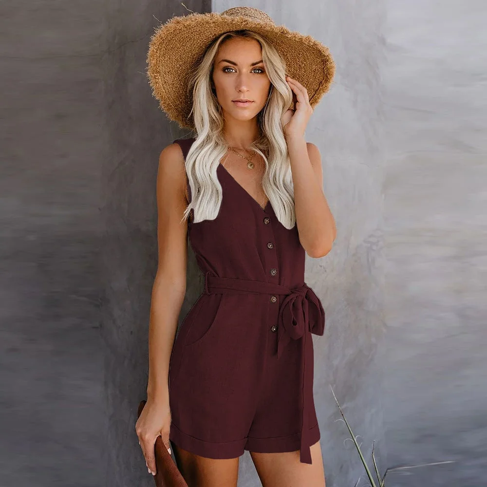 Women's V-neck High-waist Casual Jumpsuit
