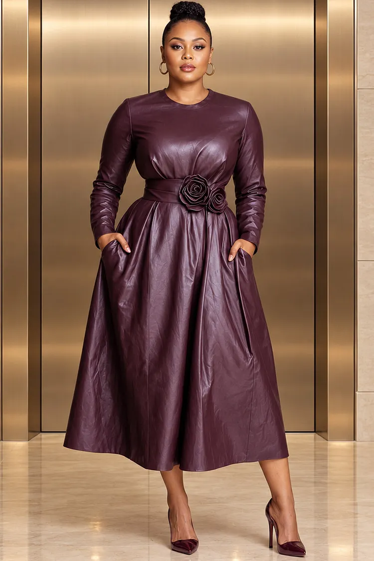 Xpluswear Design Plus Size Business Casual Elegant Purple Round Neck Long Sleeve 3D Pocket PU Leather Midi Dresses [Pre-Order] 2024 - Xpluswear