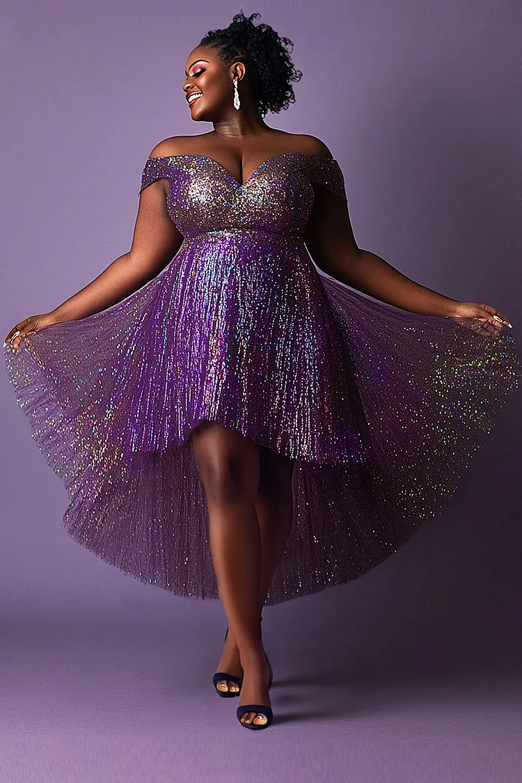 Xpluswear Design Plus Size Party Purple Elegant Off The Shoulder High Low Hem Tulle Mini Dresses [Pre-Order] 2024 - Xpluswear