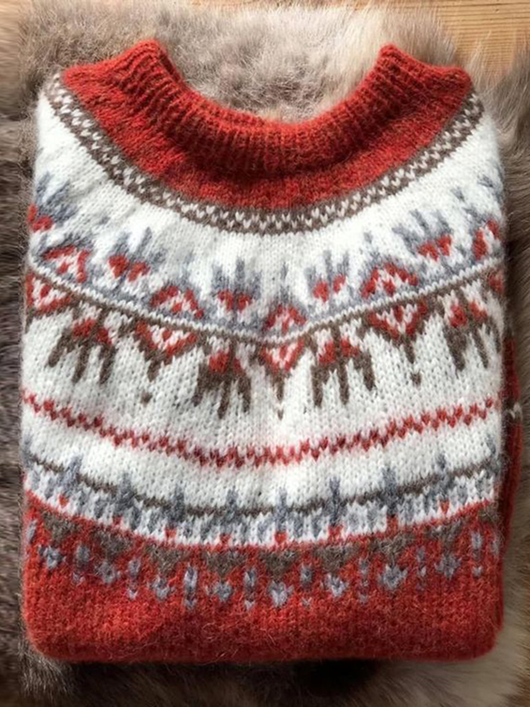 Vintage Geometry Icelandic Pattern Round Neck Comfy Sweater