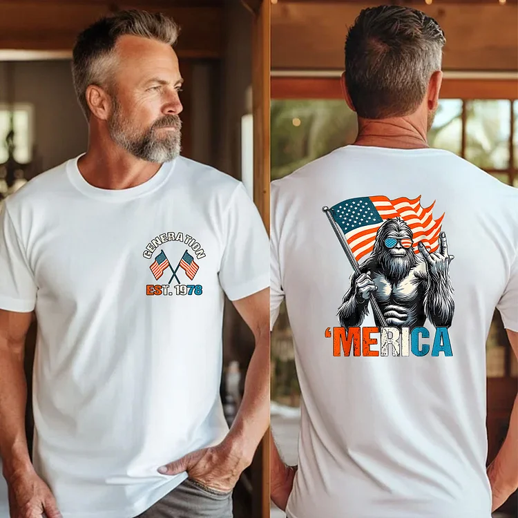 Bigfoot 'Merica Tee – Patriotic Sasquatch with Flag, Gen X Custom Year Of Birth Shirt, Mens Holiday Shirt Gifts For 4th7