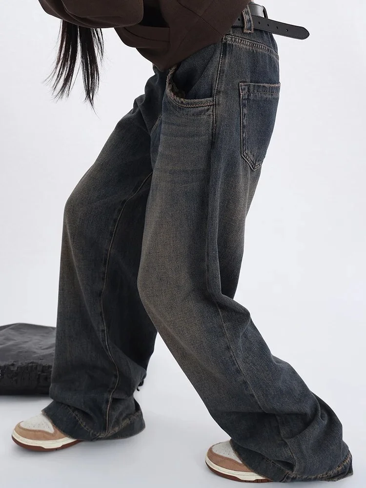 Tanguoant New Women's Blue Wide Leg Jeans Vintage Straight Pants High Waist Baggy Streetwear Casual Denim Trouser