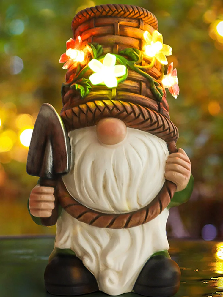 Resin Dwarf Goblin Statue Handicraft Solar Light Garden Gnome Sculpture Ornament