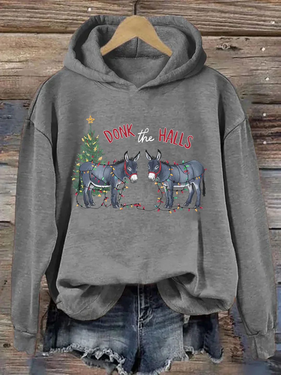 Funny Christmas Donkeys Tangled In Christmas Lights Hoodie