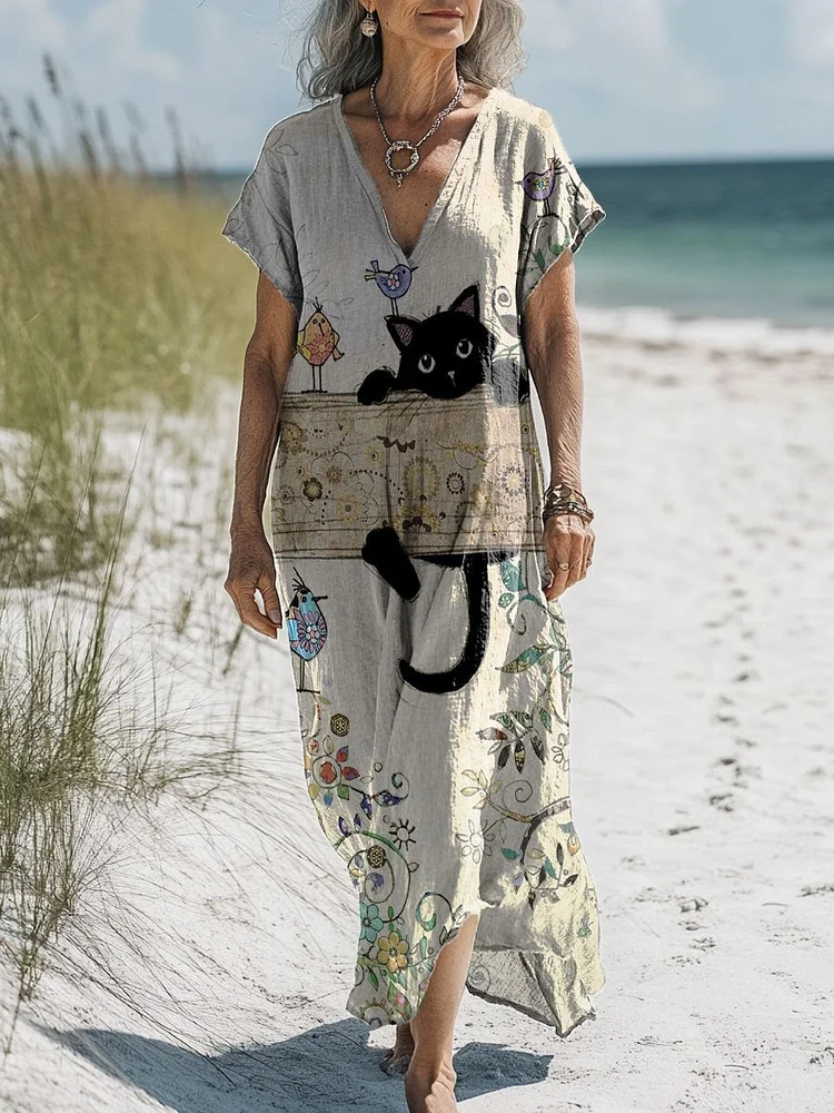 Women's Vintage Playful Cat Floral Art Print Pocket Cotton Dress