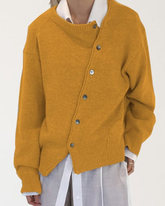 Casual Solid Color Button Irregular Crew Neck Long Sleeve Sweater