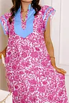Women's Pink Floral Color Block Patchwork V Neck Short Sleeve Long Dress