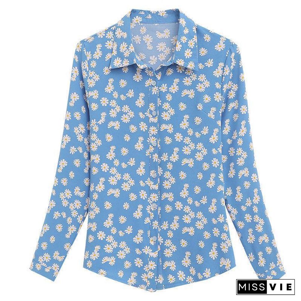 Lapel Chiffon Flower Printed Shirt