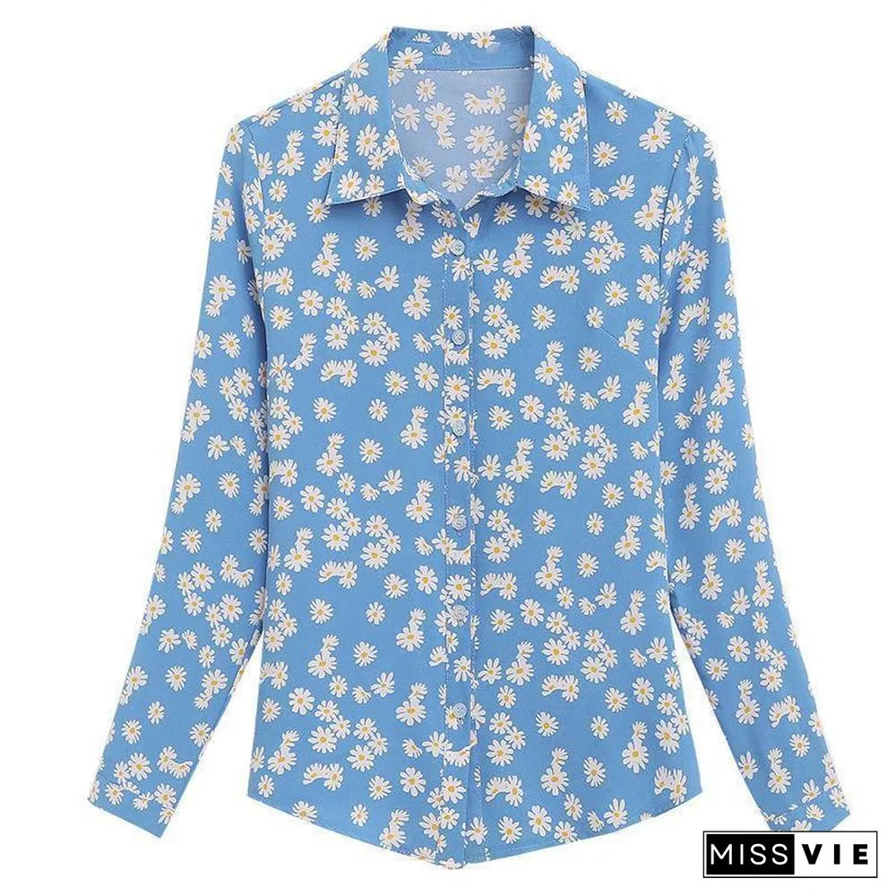 Lapel Chiffon Flower Printed Shirt