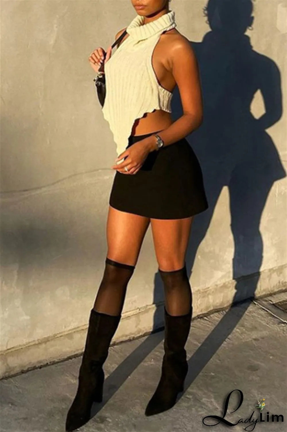Black Sexy Casual Solid Backless Asymmetrical Turtleneck Tops