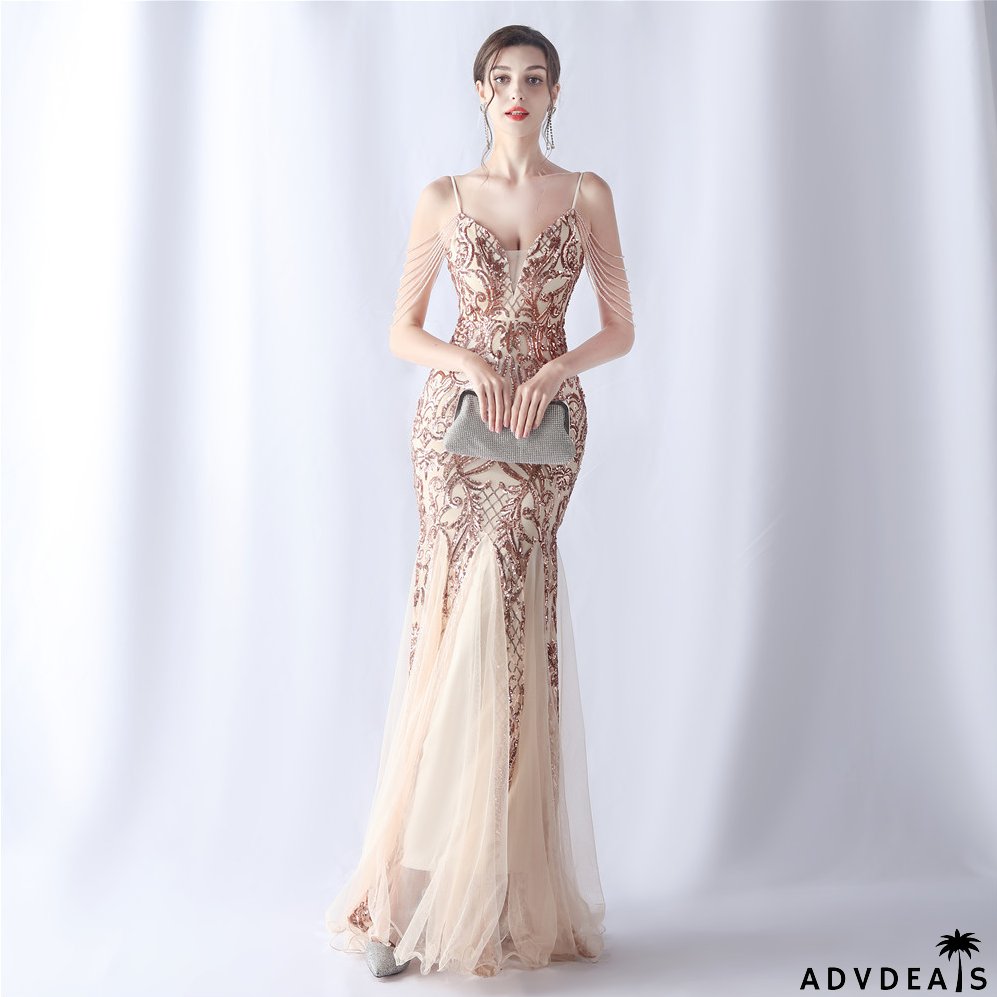 Women beaded mesh evening dress