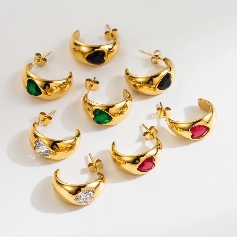 1 Pair Elegant Vintage Style C Shape Heart Shape Plating Inlay 304 Stainless Steel Zircon Ear Studs