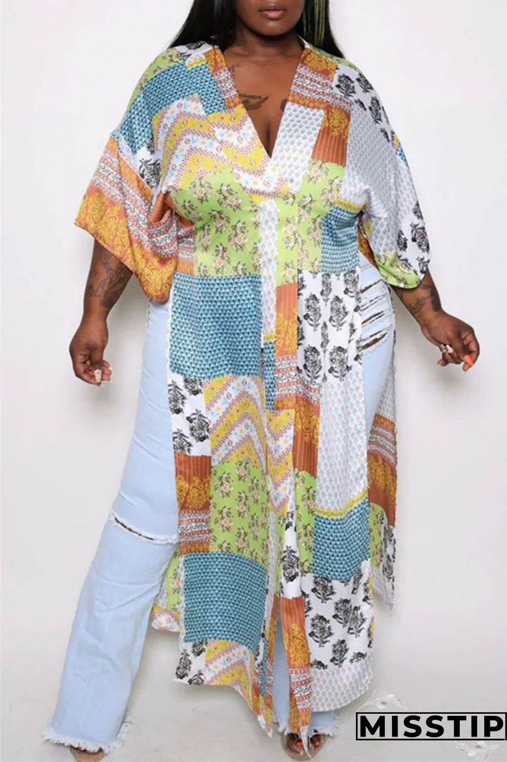 White Fashion Casual Print Slit Cardigan V Neck Plus Size Overcoat