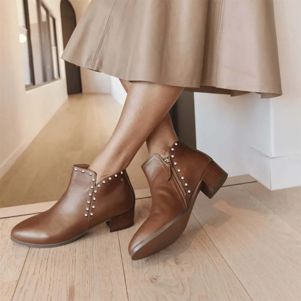 Brown Pointed Toe Leather Boots With Rivet Decor Chunky Heel Ankle Boots  Nicepairs