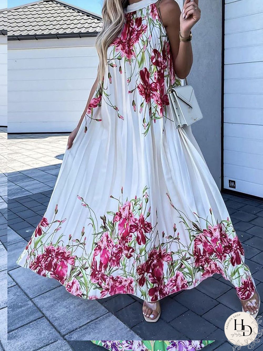 Female Trend Printed Pattern Boho Dress Fashion Sleeveless Hem Party Dress Sexy Halter Neck Off Shoulder Long Pleated Dress