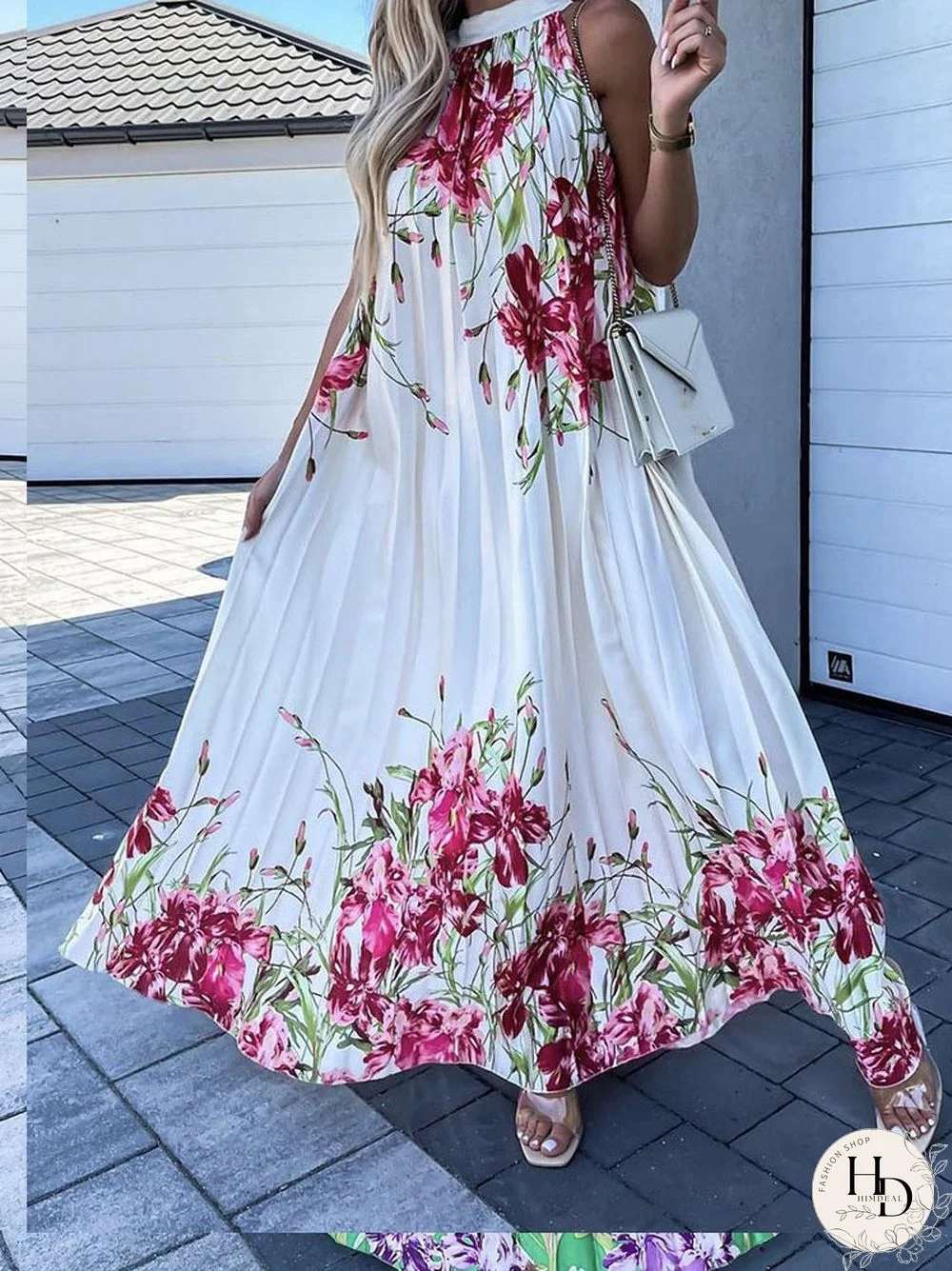 Female Trend Printed Pattern Boho Dress Fashion Sleeveless Hem Party Dress Sexy Halter Neck Off Shoulder Long Pleated Dress
