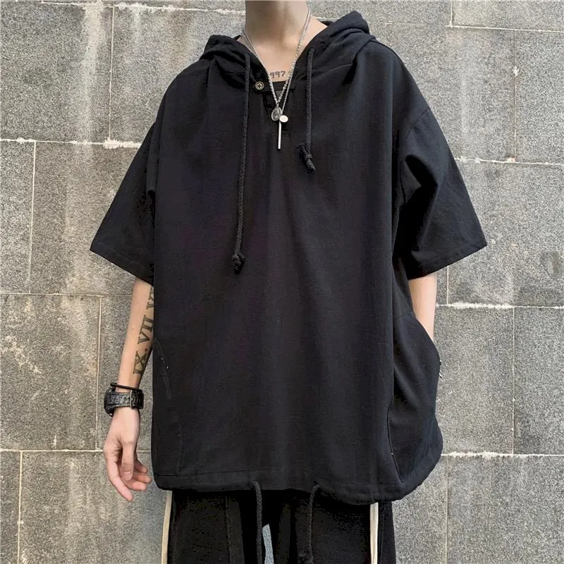 Punk Overized Tshirt Women T Shirt Men Summer/autumn Hooded Short-sleeved T-shirt Men Trendy Men's Korean Students Loose Hooded