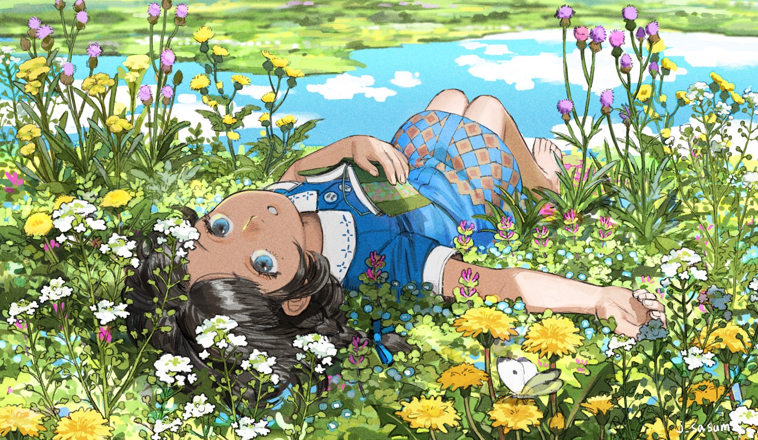 Anime Girl Lying On Grass 40*50CM(Canvas) Full Round Drill Diamond Painting gbfke