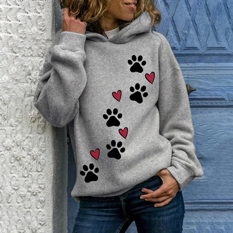 Comstylish Love Dog Paw Print Casual Long Sleeve Hooded Sweatshirt