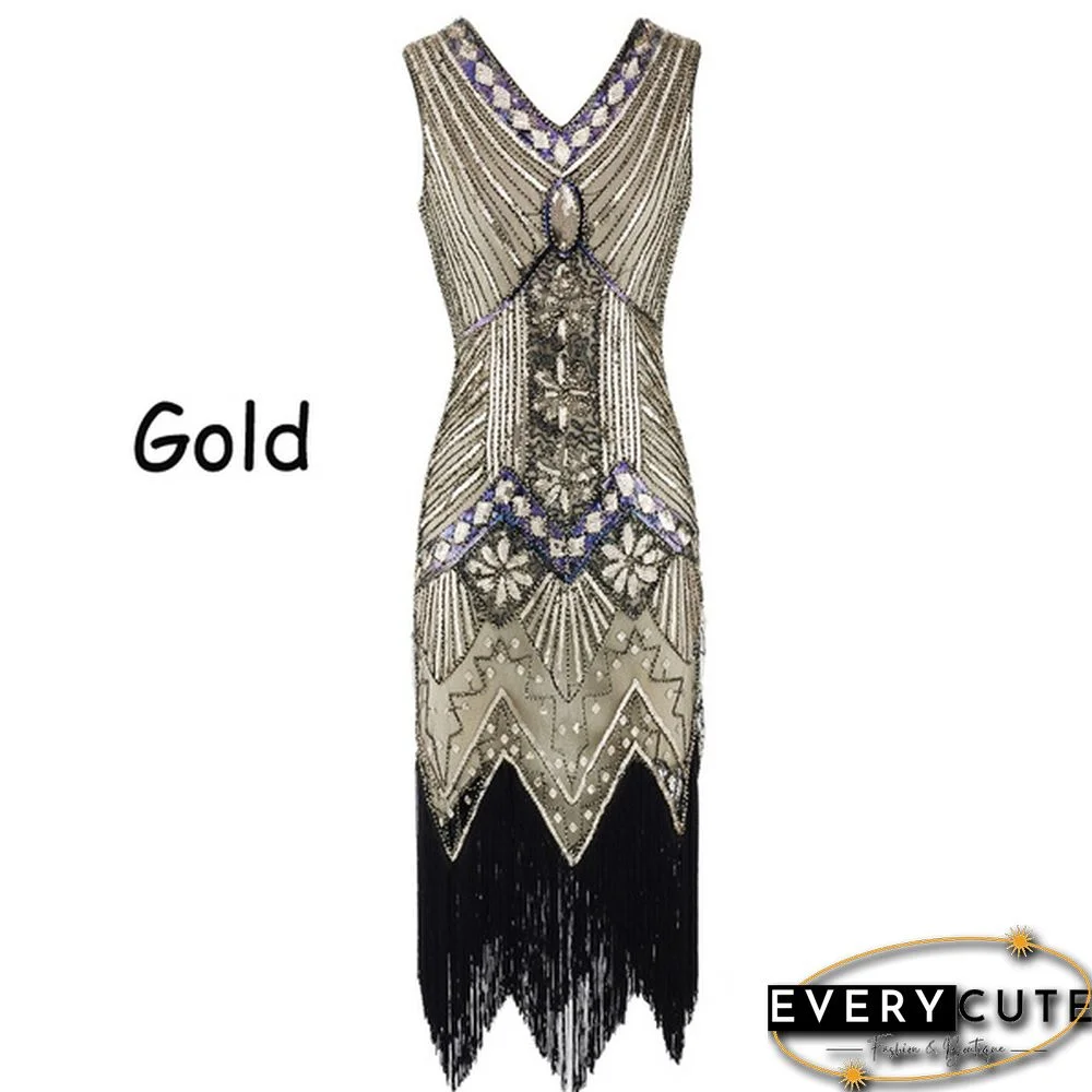 Vintage Dress Great Gatsby Dress 1920S Sequin Flapper Evening Dress Prom Tassel Hem Dress