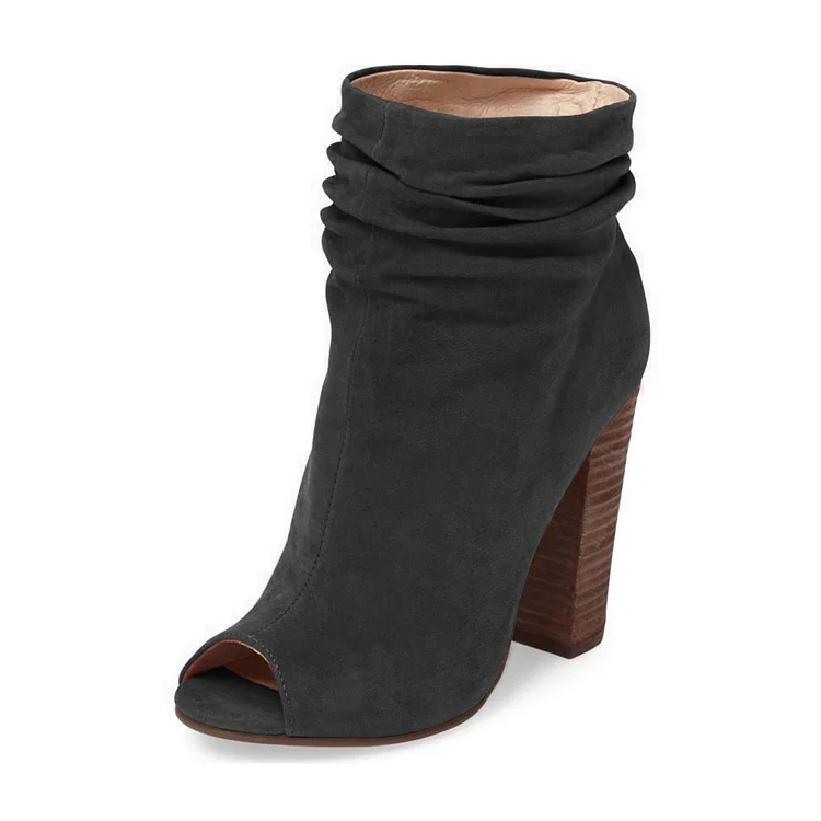 Dark Grey Peep Toe Slouch Chunky Heel Boots Vdcoo