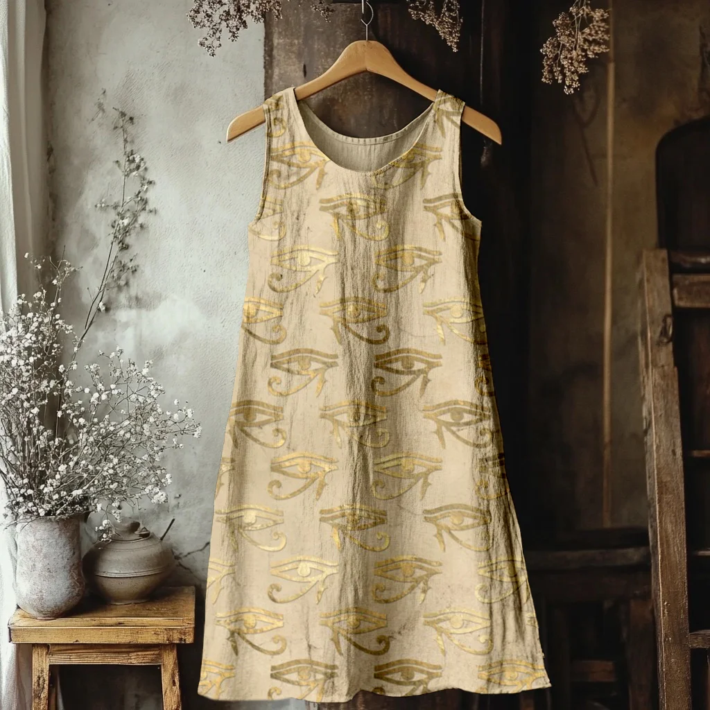 Eye Of Horus Egyptian Pattern Linen Midi Dress