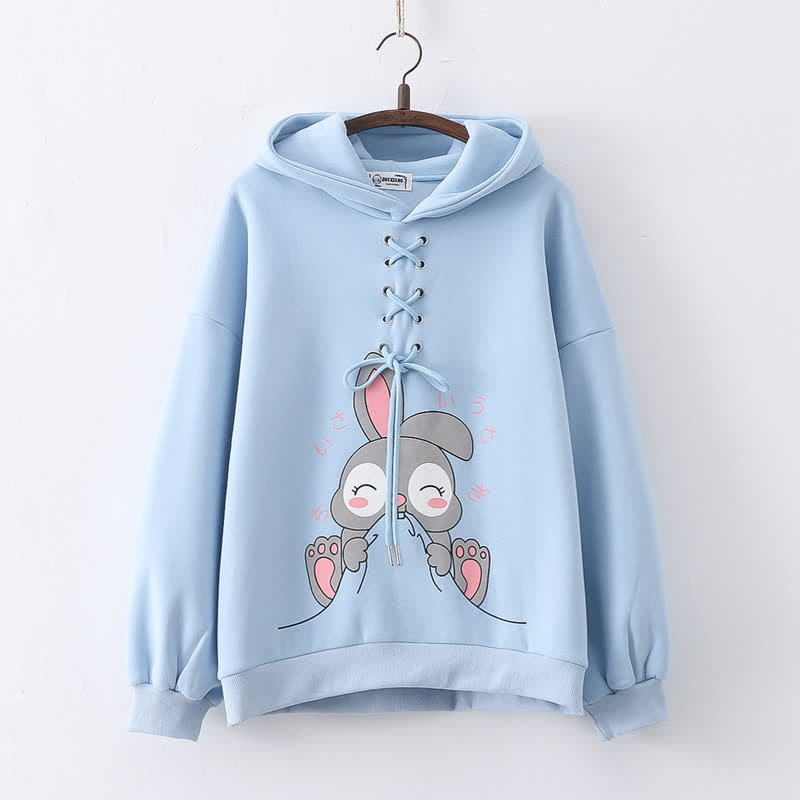 Cartoon Rabbit Print Lace Up Loose Plush Hoodie
