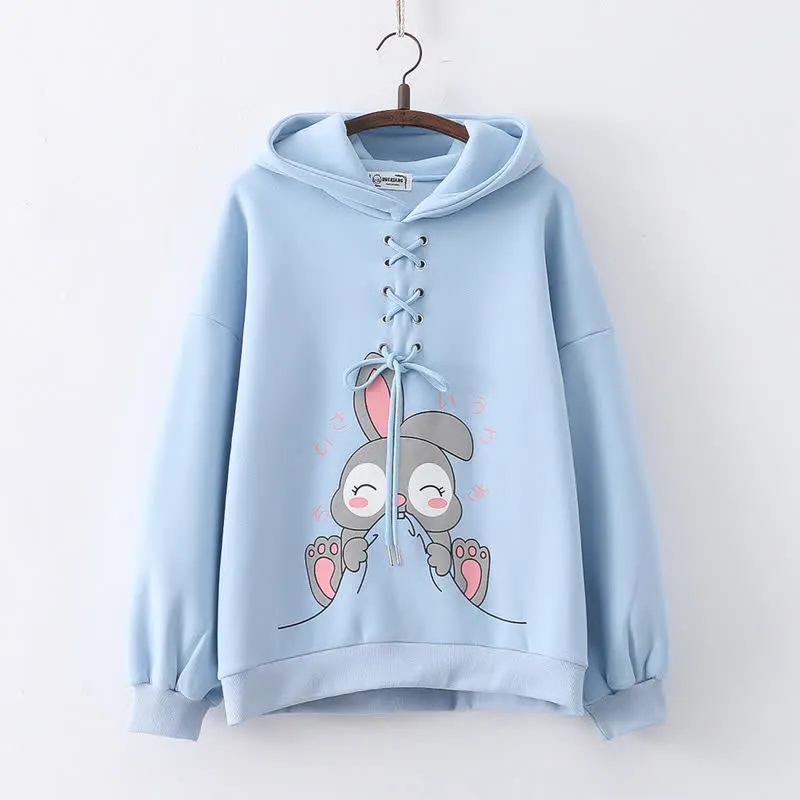 Cartoon Rabbit Print Lace Up Loose Plush Hoodie