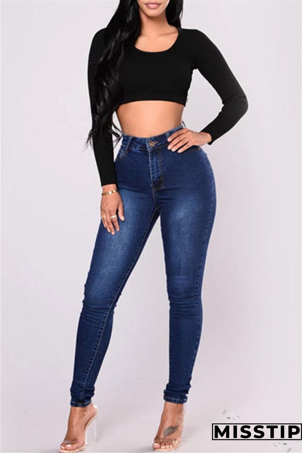 Deep Blue Fashion Casual Solid Basic High Waist Skinny Denim Jeans