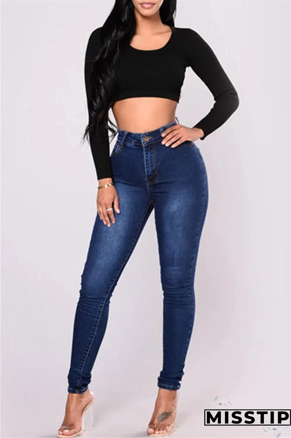 Deep Blue Fashion Casual Solid Basic High Waist Skinny Denim Jeans