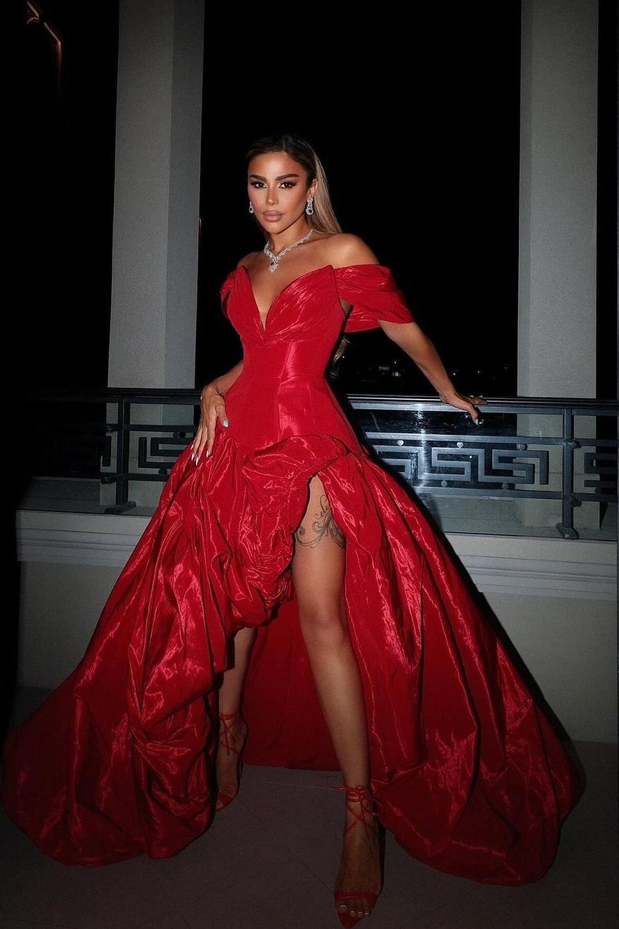Lisliy Red Satin Off the Shoulder Strapless Prom Dress Long Split with Pleated