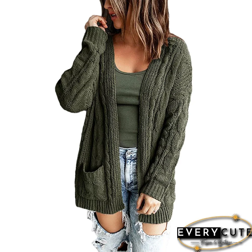 Army Green Open Front Cable Knit Cardigan with Pockets