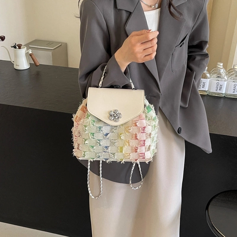 Women’s Medium Cloth Color Block Star Classic Style Streetwear Sewing Thread Square Flip Cover Fashion Backpack