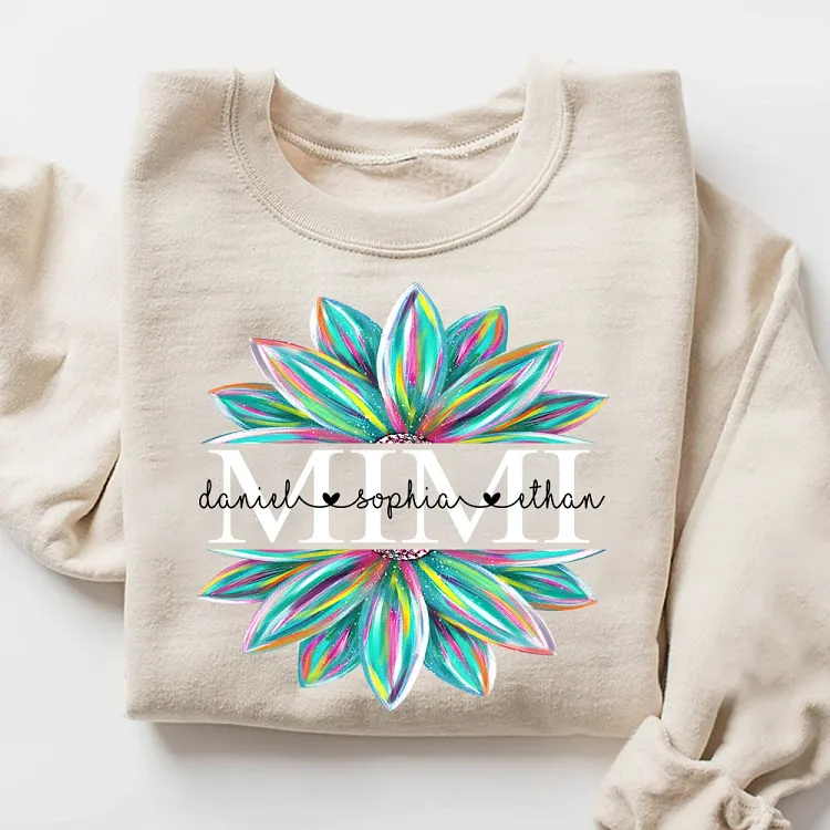 Personalized Mimi Floral Sweatshirt, Custom Grandkids Names Shirt, Colorful Flower Grandmother Gift for Mimi from Kids and Grandchildren