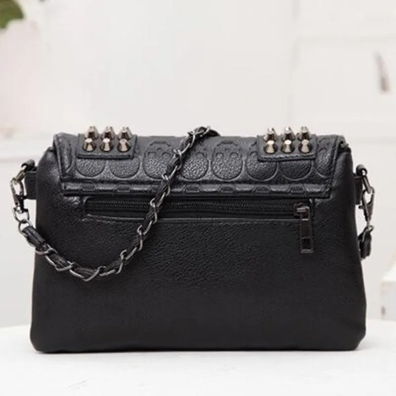 New Punk Women Black Leather Messenger Top Handle Crossbody Bags Fashion Vintage Skull Rivets Shoulder Bags Sac A Main Bolsa