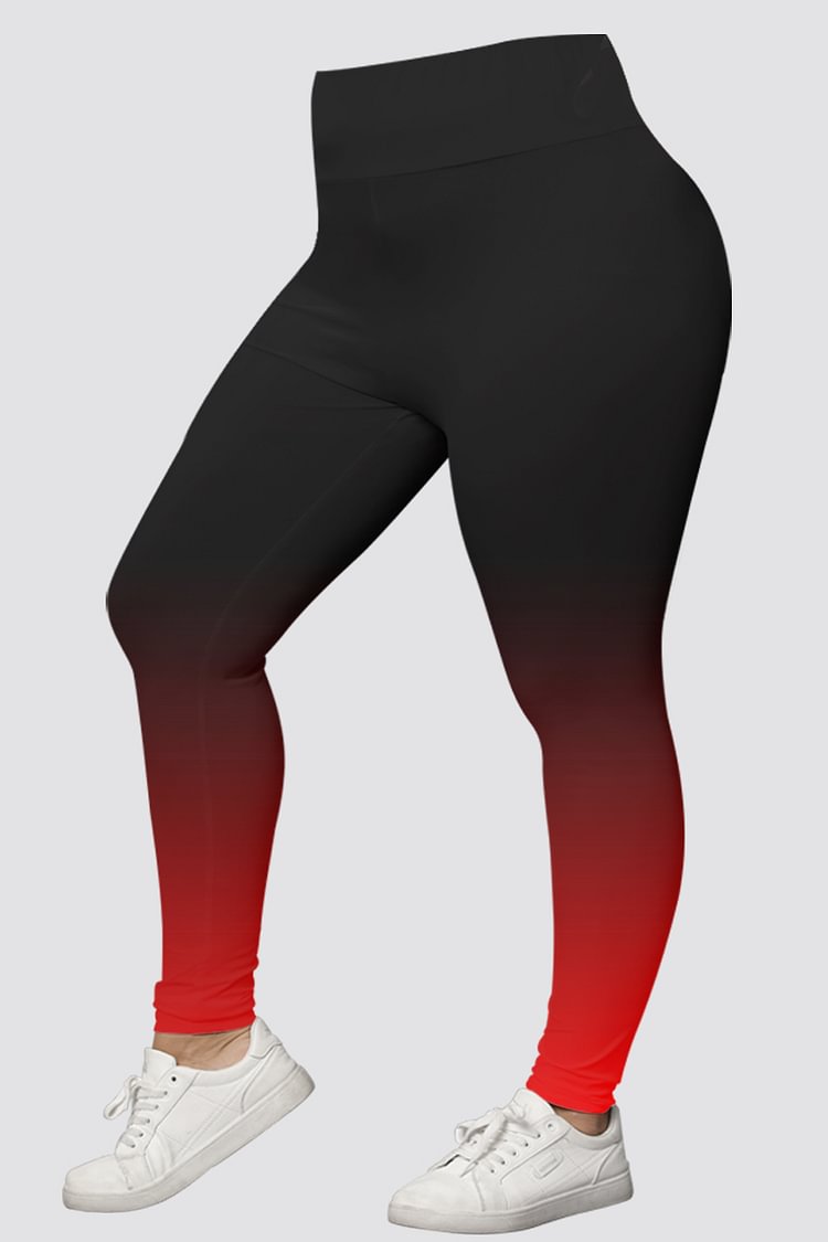 Flycurvy Plus Size Casual Red Fold Line Ombre Print Legging  flycurvy [product_label]