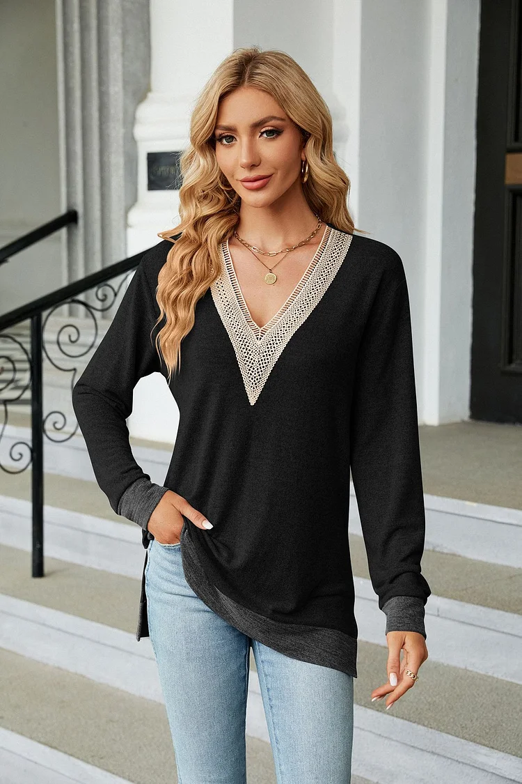 Womens Fall Fashion Long Sleeve Lace V Neck Loose Shirts