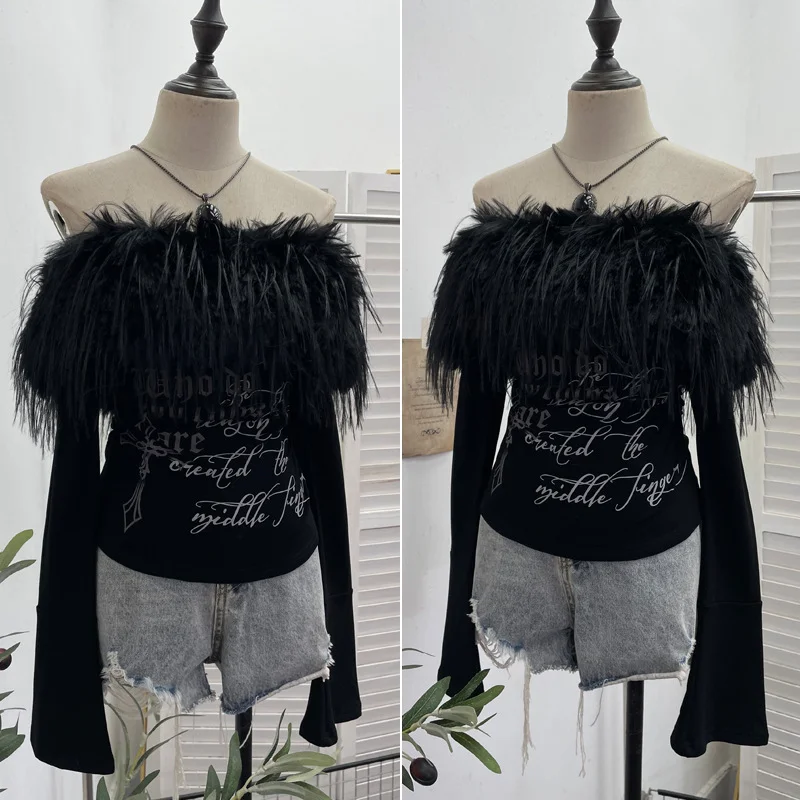 Nigikala Nigikala Shot Hair Collar Print Shoulder Horn Long-Sleeved T-Shirt Repair Short Picties Shoulder Grinding Top 1368